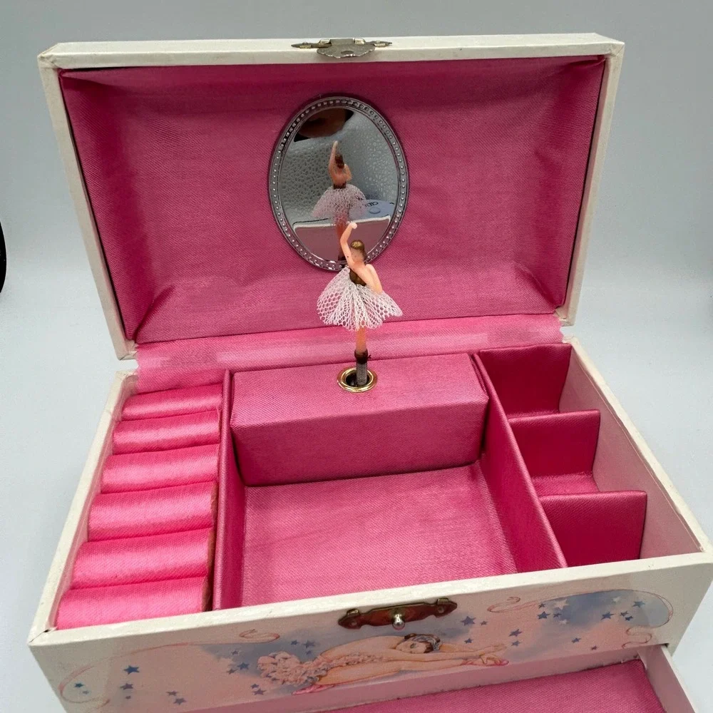 Vintage 1986 Lillian Vernon Ballerina Musical Jewelry Box Pink White Stars 8in